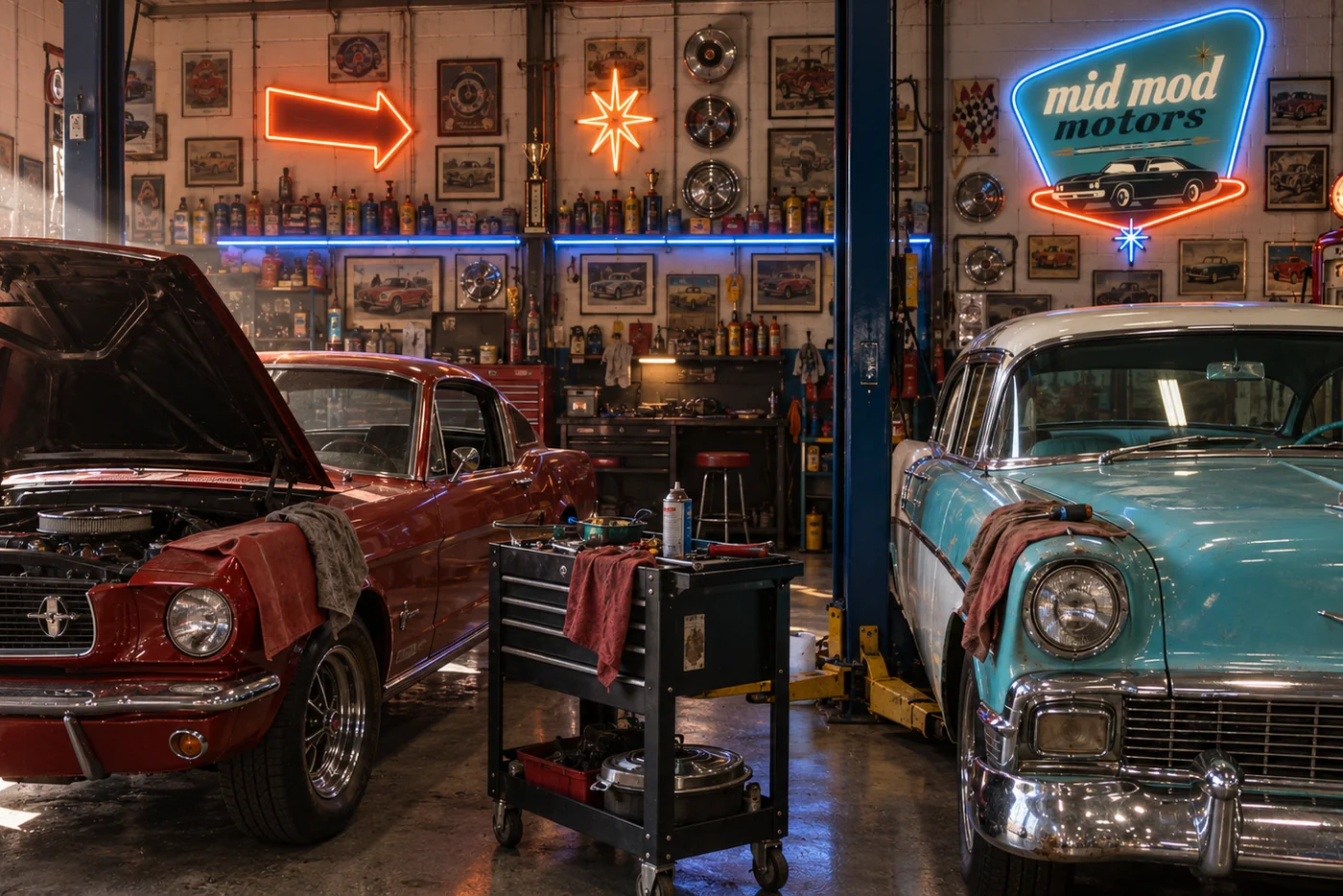 The MidMod Motors shop floor, cars in the bays