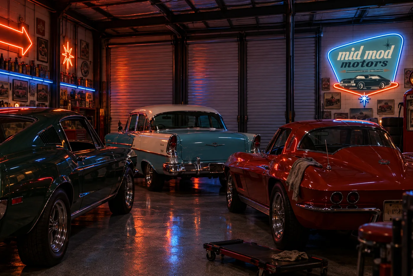 Classic cars parked inside the locked shop at night