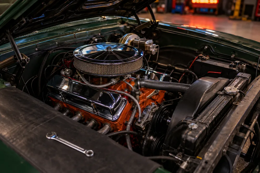A rebuilt V8 in an open engine bay